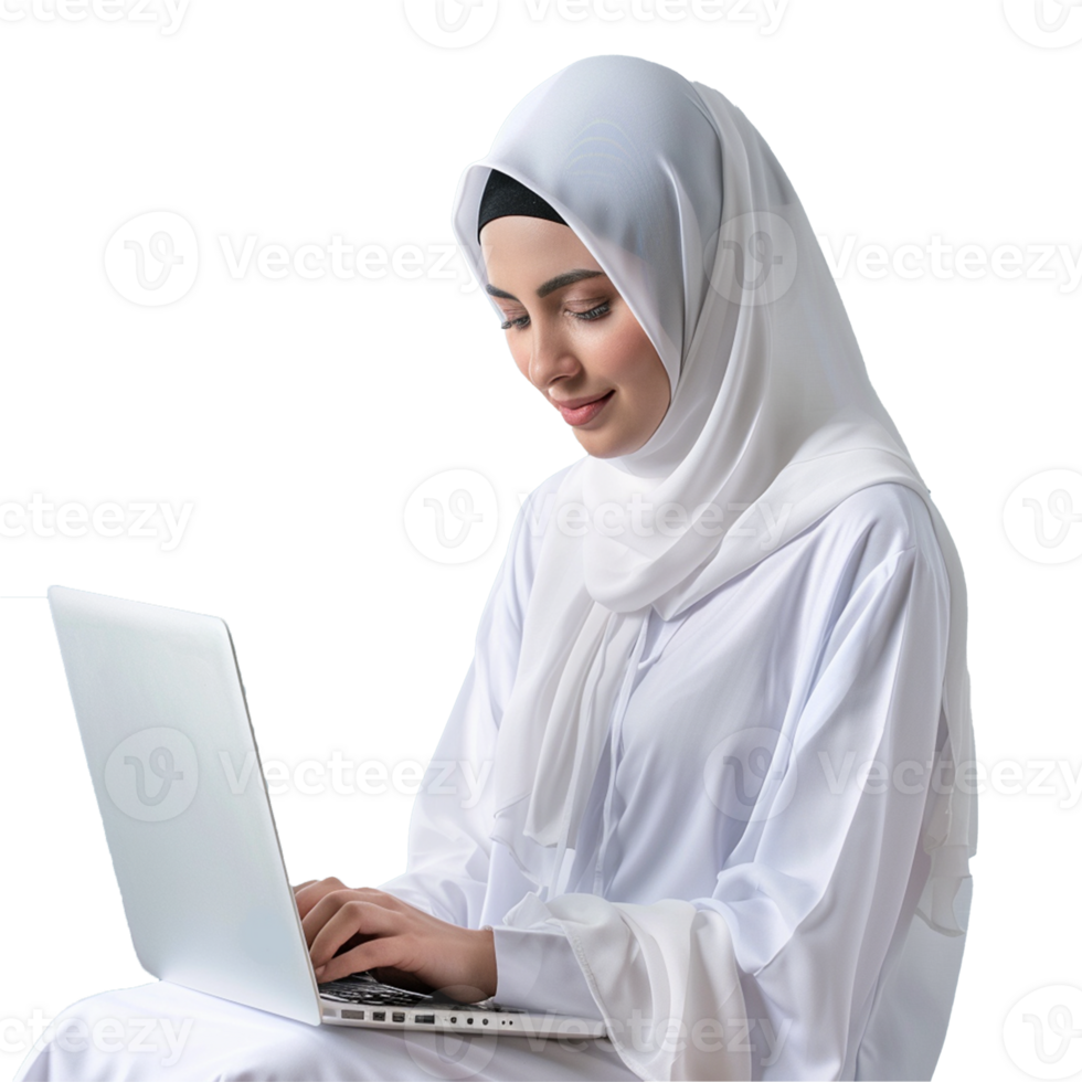 Hijab muslim business woman with laptop isolated transparent png