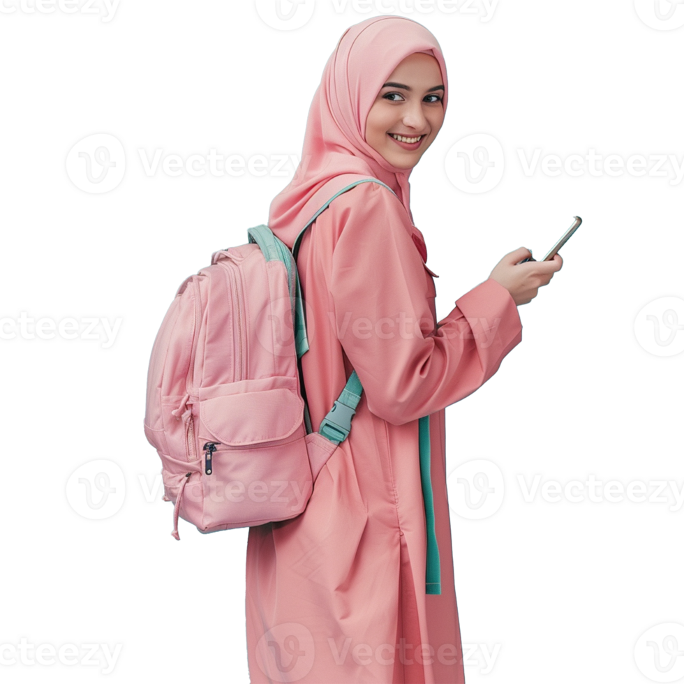 Islamic woman university students smiling happily studying on transparent background png
