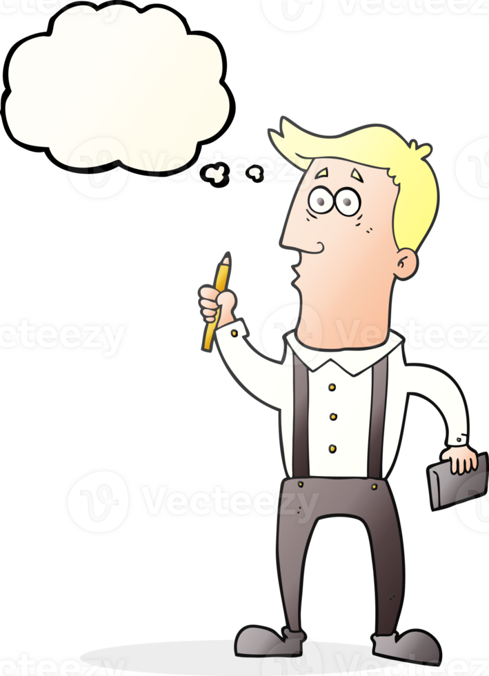 hand drawn thought bubble cartoon man with notebook png