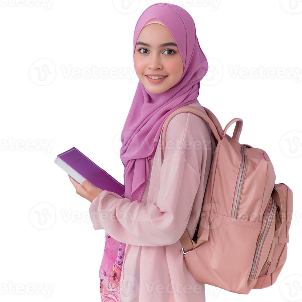 Islamic woman university students smiling happily studying on transparent background png