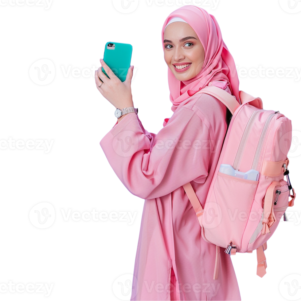 Islamic woman university students smiling happily studying on transparent background png