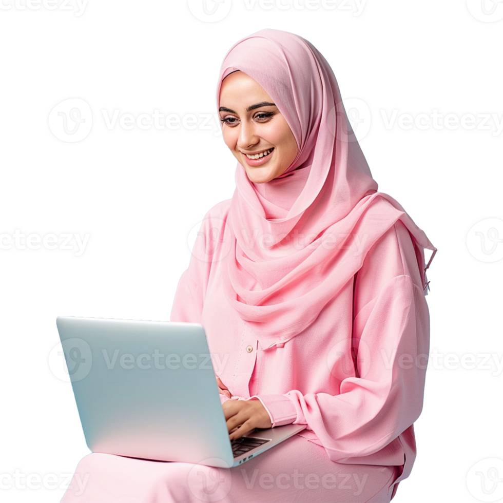 Hijab muslim business woman with laptop isolated transparent png
