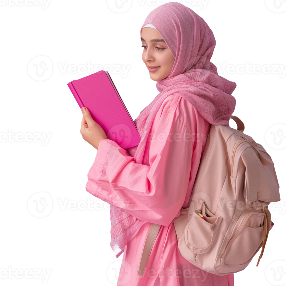 Islamic woman university students smiling happily studying on transparent background png