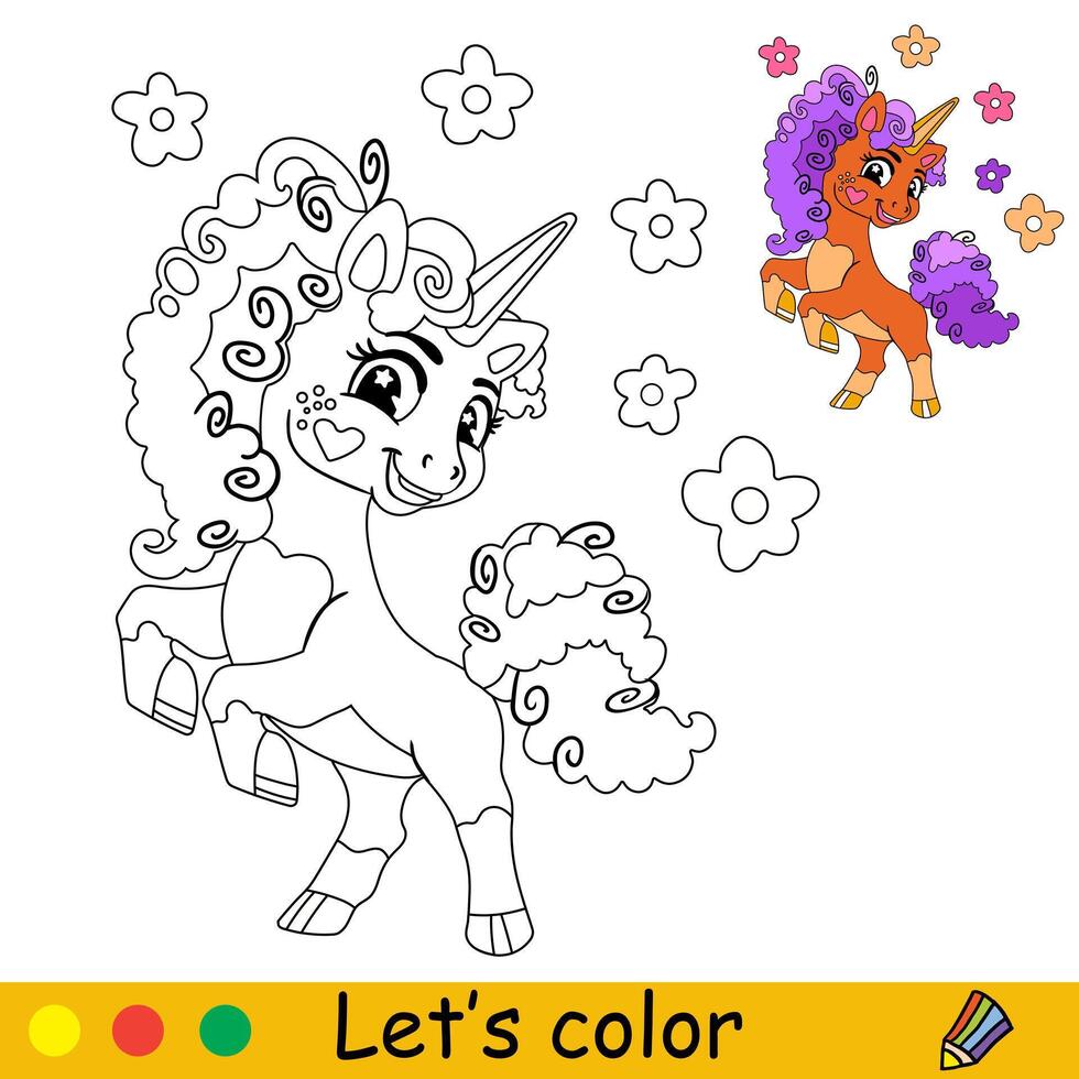 Kids coloring cute unicorn with flowers vector