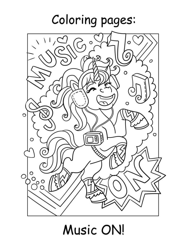 Coloring unicorn and lettering music on vector