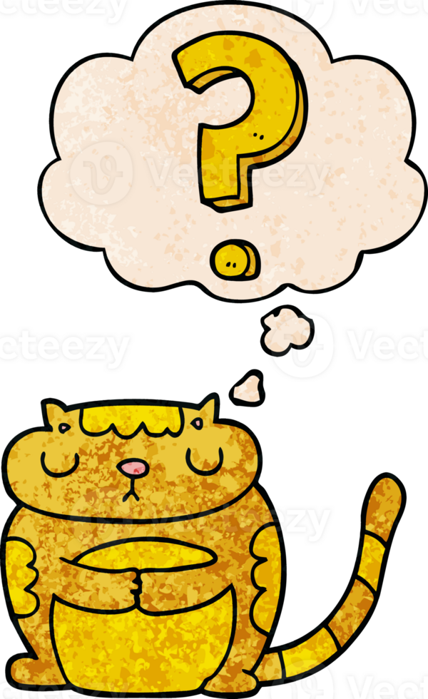 cartoon cat with question mark with thought bubble in grunge texture style png