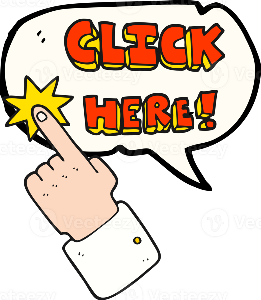 hand drawn speech bubble cartoon click here sign with finger png