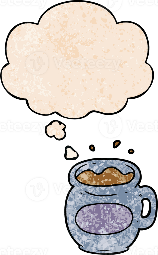 cartoon coffee cup with thought bubble in grunge texture style png