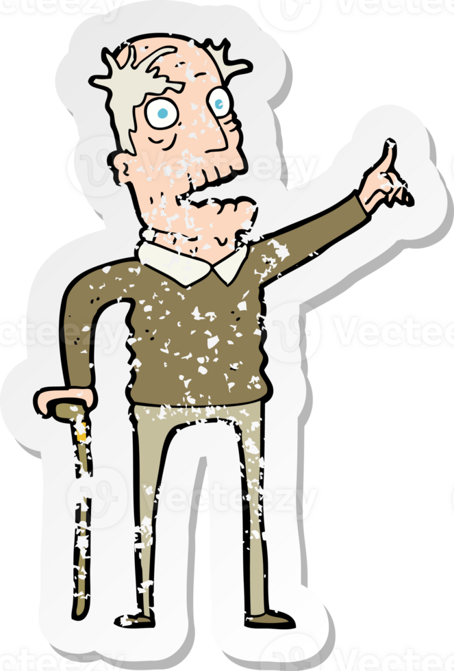 retro distressed sticker of a cartoon old man with walking stick png