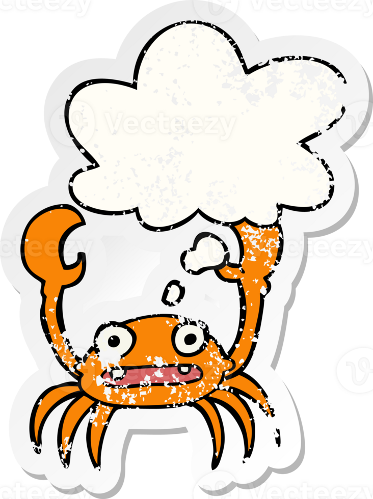 cartoon crab with thought bubble as a distressed worn sticker png