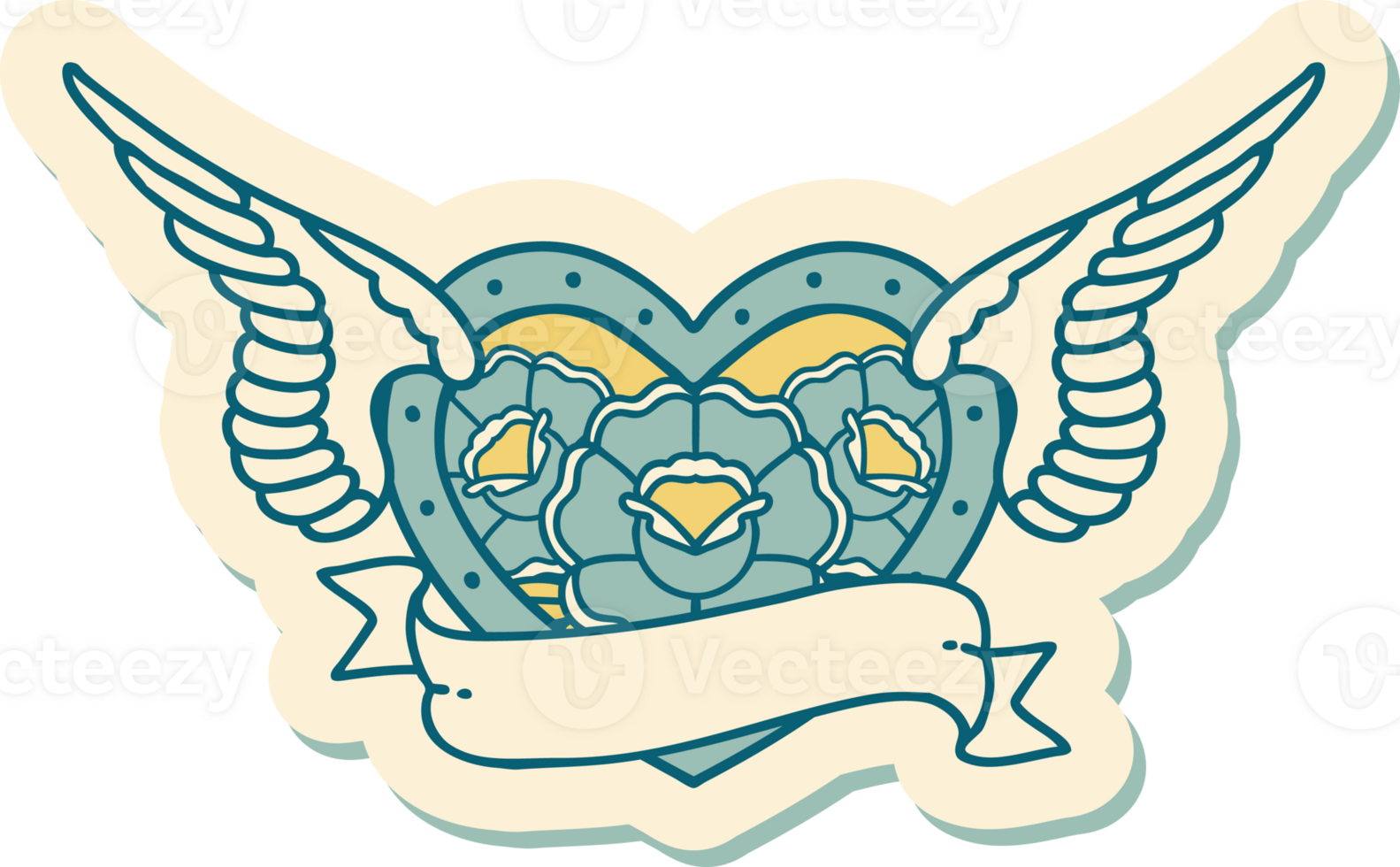sticker of tattoo in traditional style of a flying heart with flowers and banner png