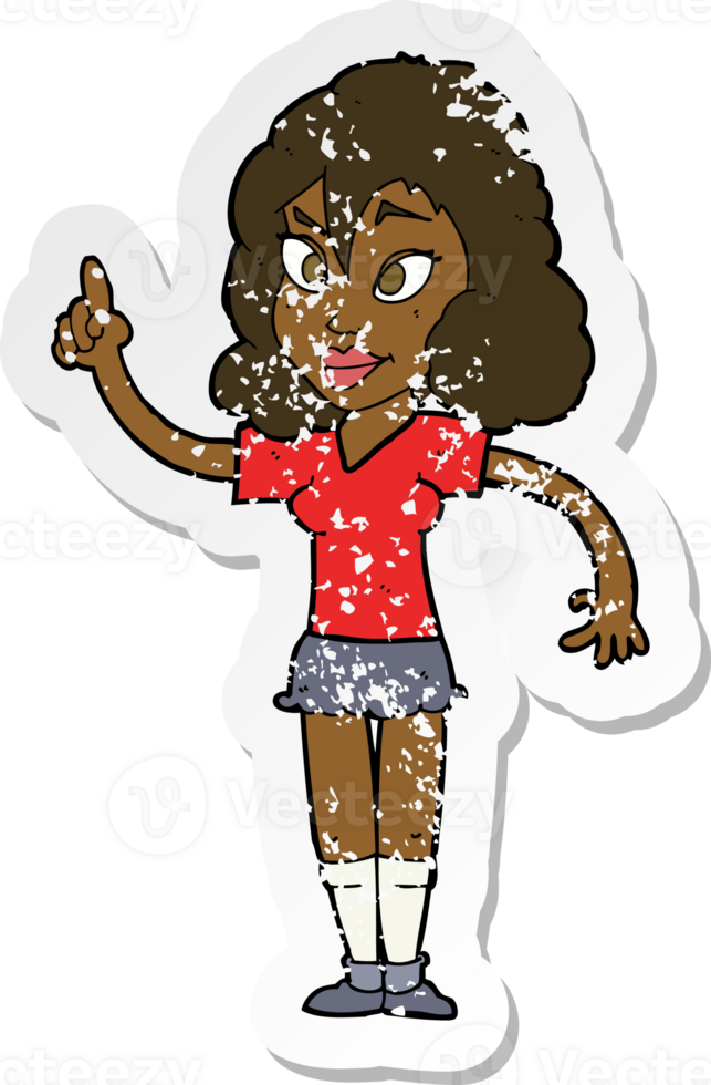 retro distressed sticker of a cartoon pretty woman with idea png