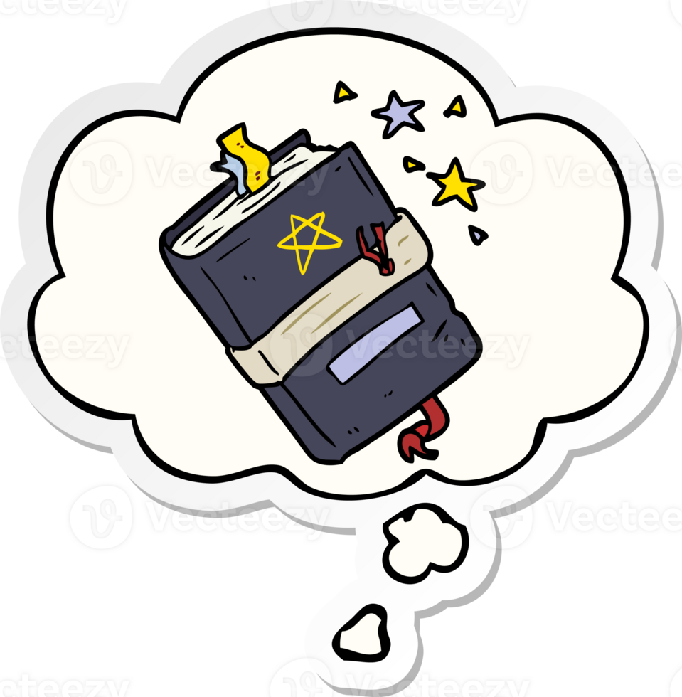 cartoon book of spells with thought bubble as a printed sticker png