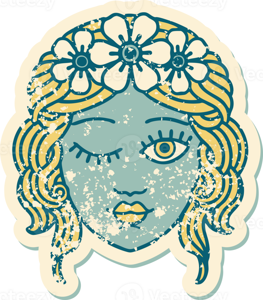 iconic distressed sticker tattoo style image of a maidens face winking png