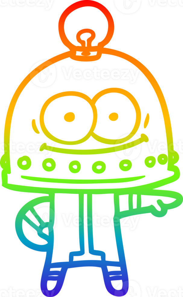 rainbow gradient line drawing of a happy carton robot with light bulb png