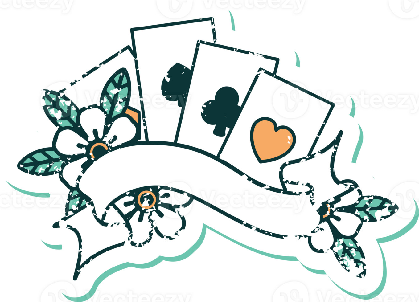 iconic distressed sticker tattoo style image of cards and banner png