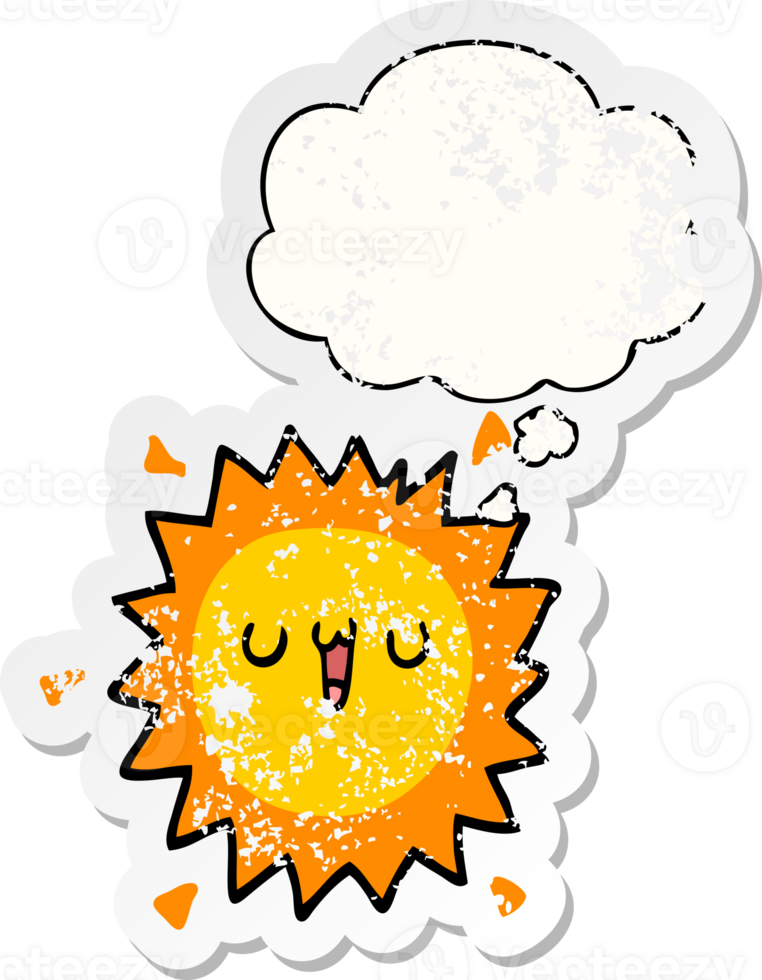 cartoon sun with thought bubble as a distressed worn sticker png