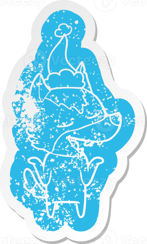 quirky cartoon distressed sticker of a wolf laughing wearing santa hat png