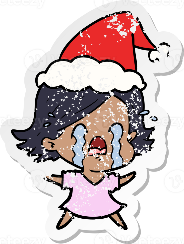hand drawn distressed sticker cartoon of a woman crying wearing santa hat png