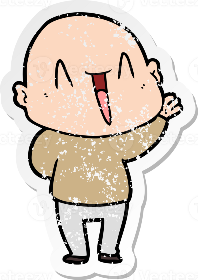 distressed sticker of a happy cartoon bald man png