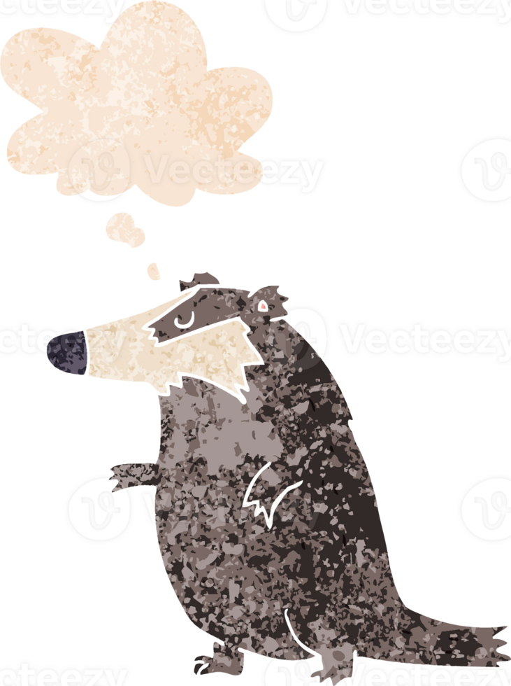 cartoon badger with thought bubble in grunge distressed retro textured style png