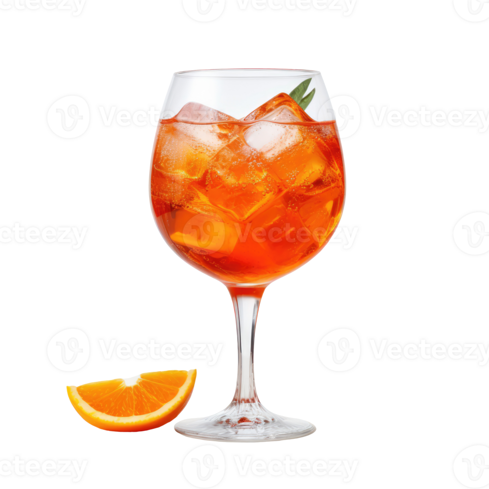 Realistic Aperol Spritz cocktail in the glass with slice of orange and ice cubes, isolated on transparent background png