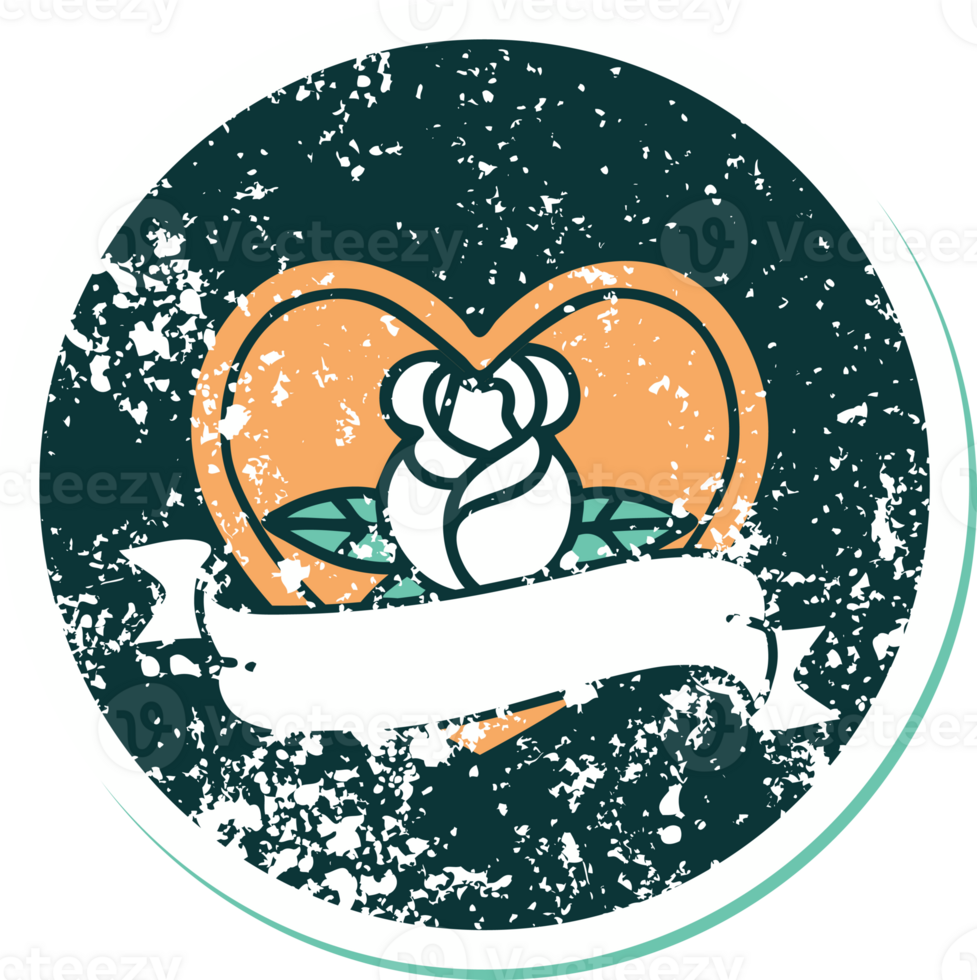 iconic distressed sticker tattoo style image of a heart rose and banner png