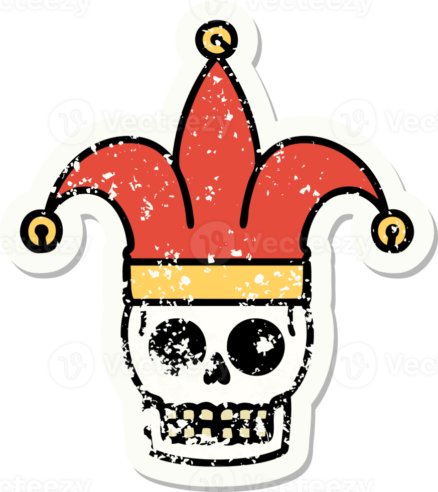 distressed sticker tattoo in traditional style of a skull jester png