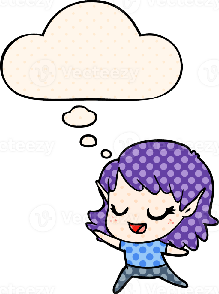 carton happy elf girl dancing with thought bubble in comic book style png