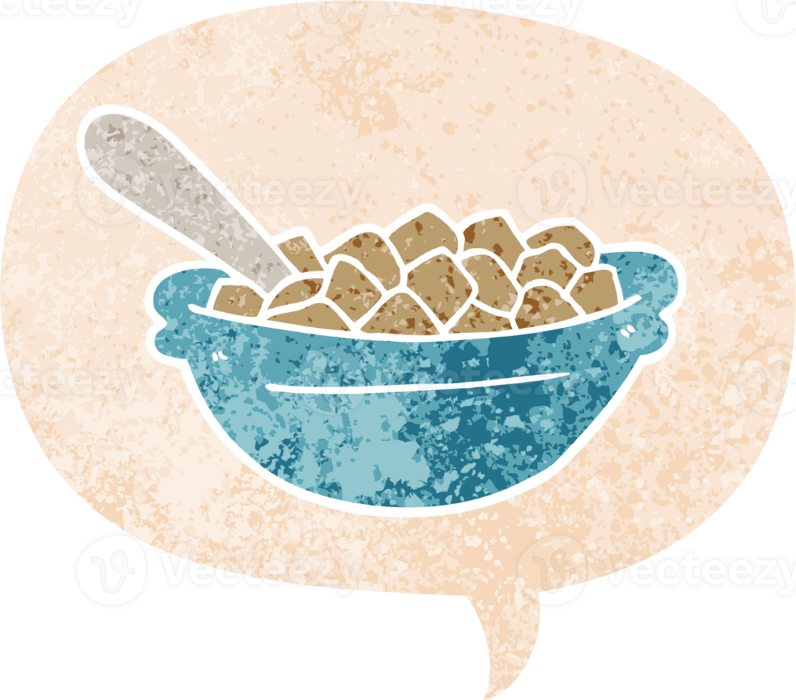 cartoon cereal bowl with speech bubble in grunge distressed retro textured style png