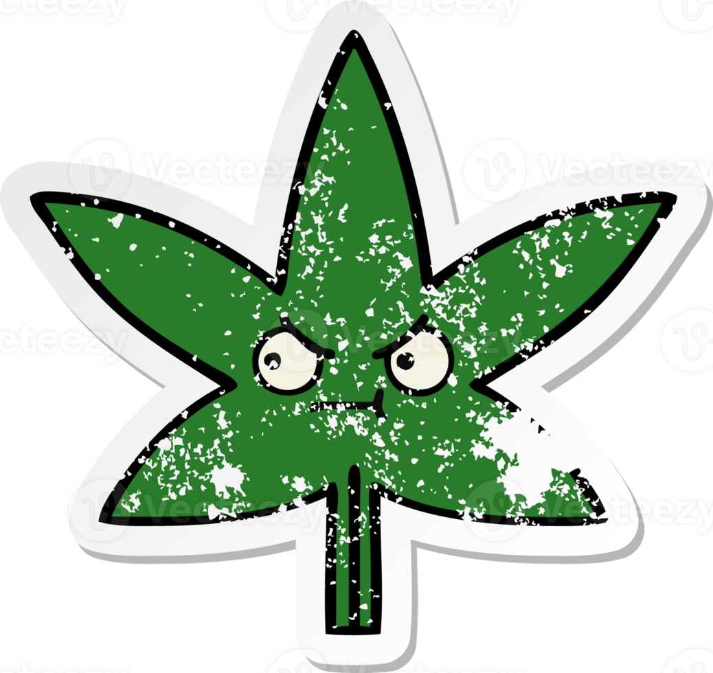 distressed sticker of a cute cartoon marijuana leaf png