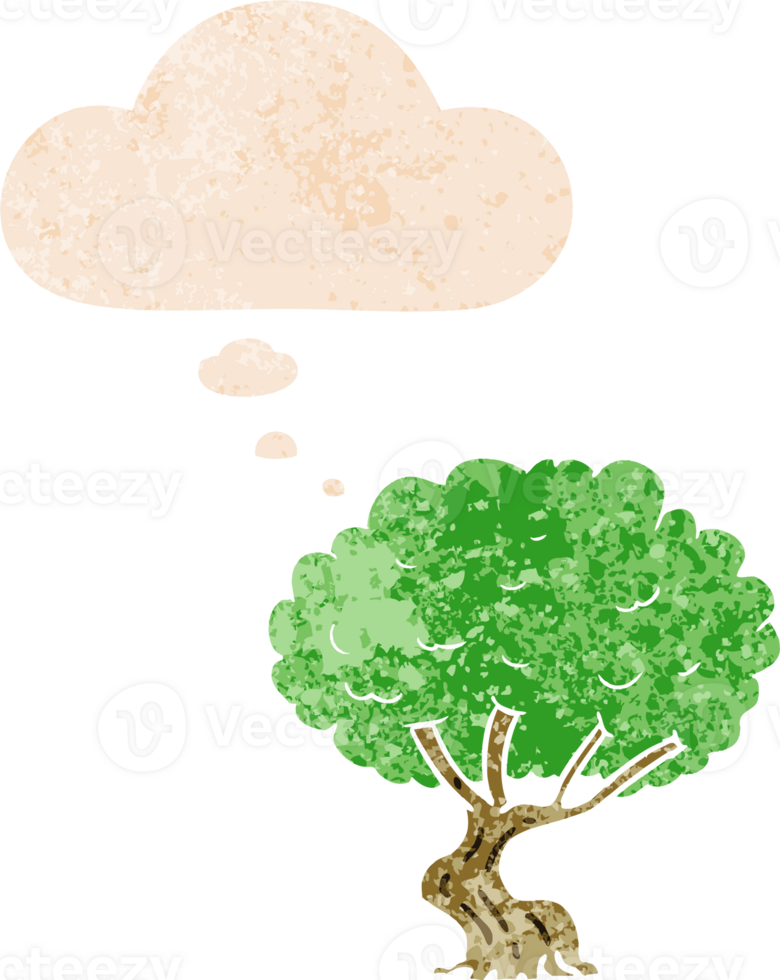 cartoon tree with thought bubble in grunge distressed retro textured style png