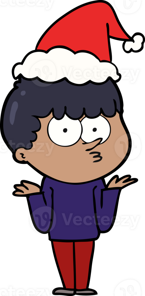 hand drawn line drawing of a curious boy shrugging shoulders wearing santa hat png