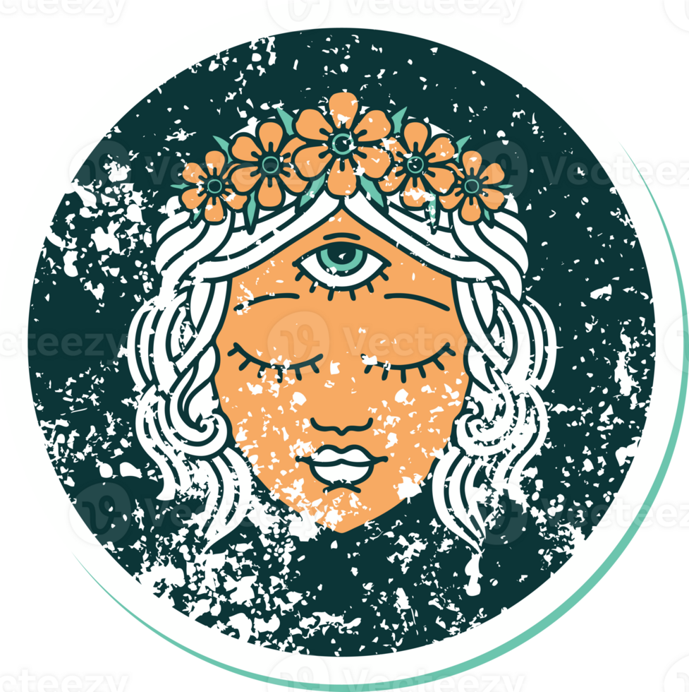 iconic distressed sticker tattoo style image of female face with third eye and crown of flowers png