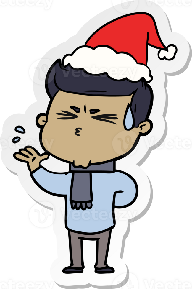 hand drawn sticker cartoon of a man sweating wearing santa hat png