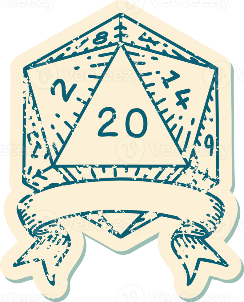Retro Tattoo Style natural 20 critical hit D20 dice roll png
