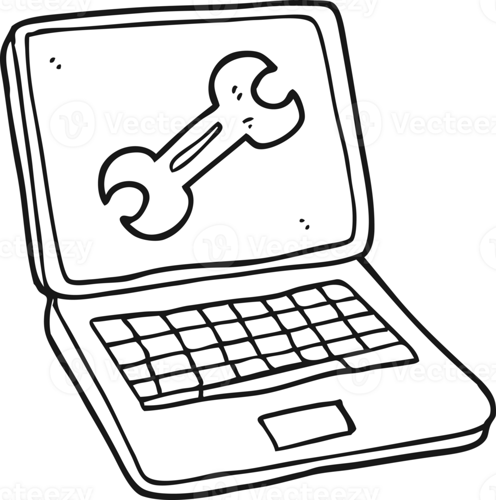 hand drawn black and white cartoon laptop computer with fix screen png