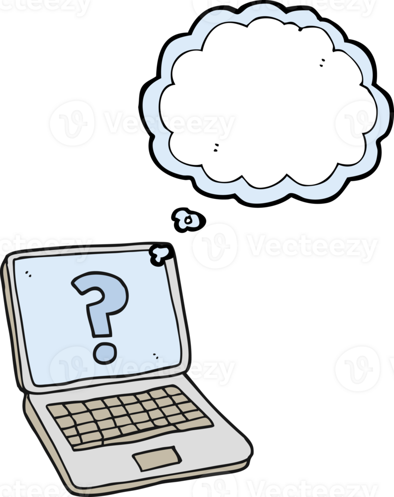 hand drawn thought bubble cartoon laptop computer with question mark png