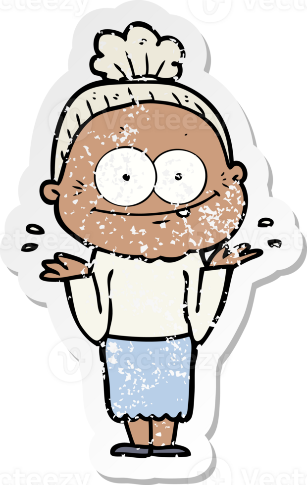 distressed sticker of a cartoon happy old woman png