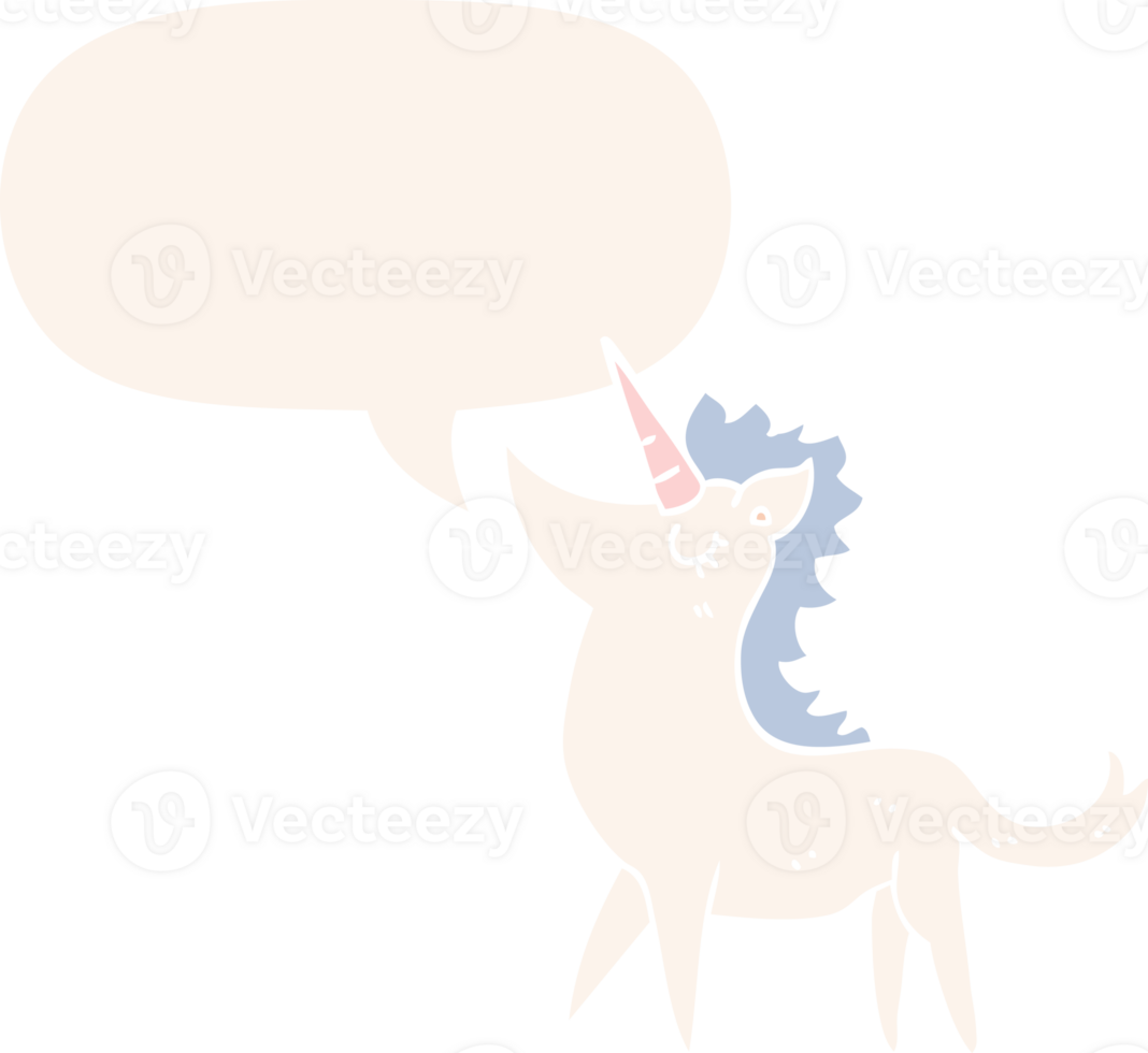 cartoon unicorn with speech bubble in retro style png