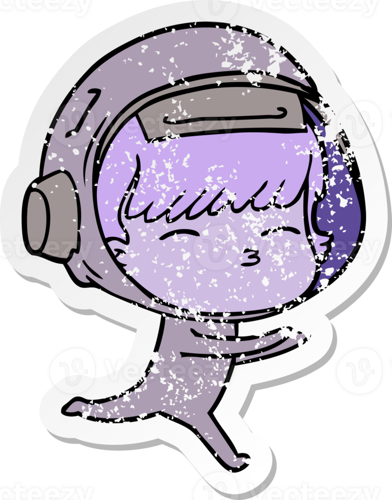 distressed sticker of a cartoon curious astronaut png