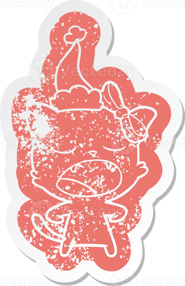 quirky cartoon distressed sticker of a yawning cat wearing santa hat png