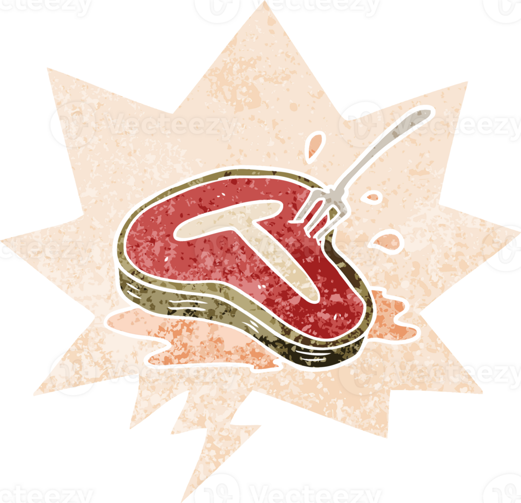 cartoon steak with speech bubble in grunge distressed retro textured style png