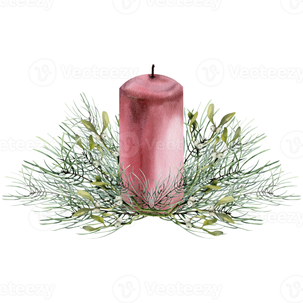 Christmas evergreen pine branches with red candle composition. Hand drawn new year arrangement, traditional winter decor for greeting card, gift, packing. Omela, pine tree, floral for invitation png
