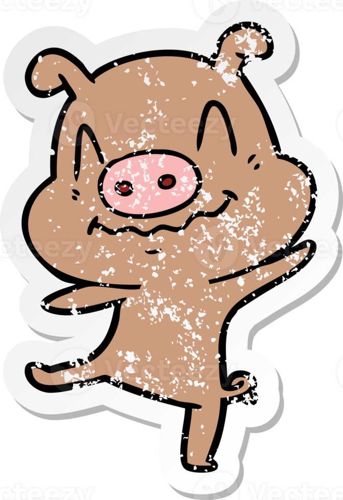 distressed sticker of a cartoon drunk pig png