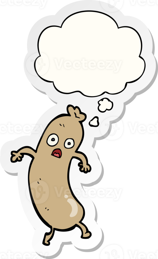 cartoon sausage with thought bubble as a printed sticker png