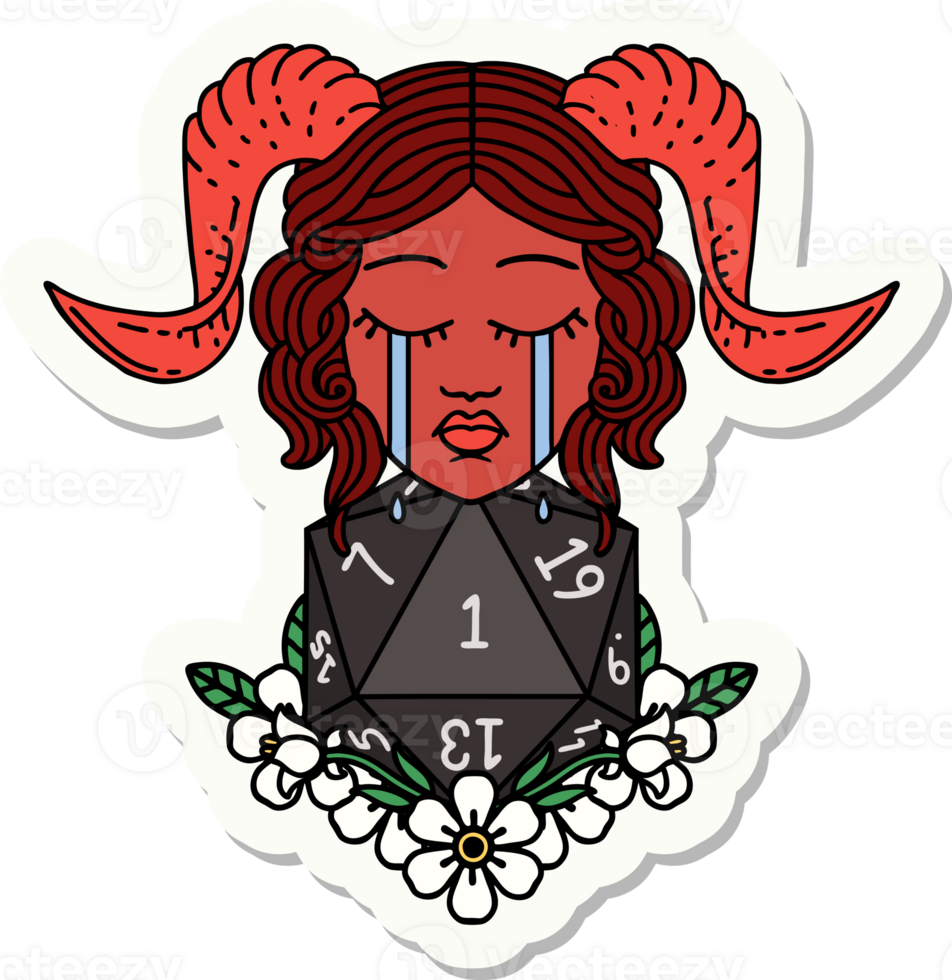 sticker of a crying tiefling character with natural one D20 dice roll png
