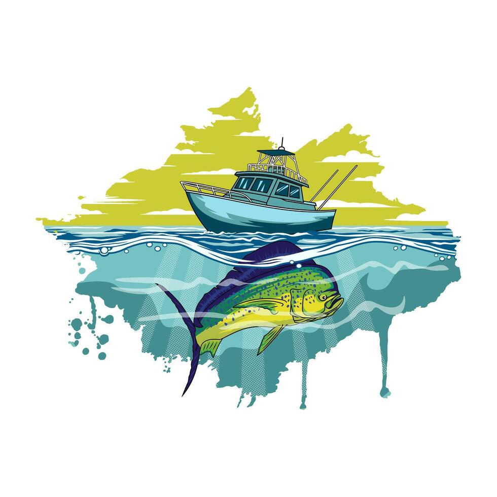 Mahi mahi dorado barco pescar ilustración logo imagen t camisa vector