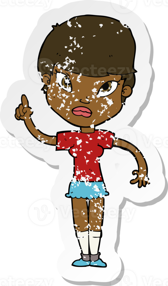 retro distressed sticker of a cartoon woman with idea png