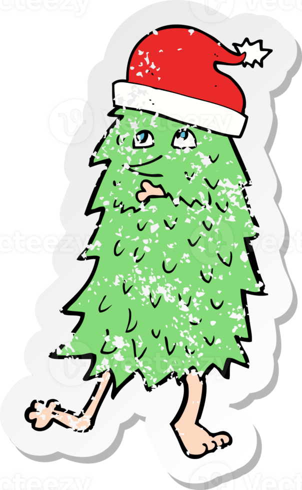 retro distressed sticker of a cartoon christmas tree dancing png